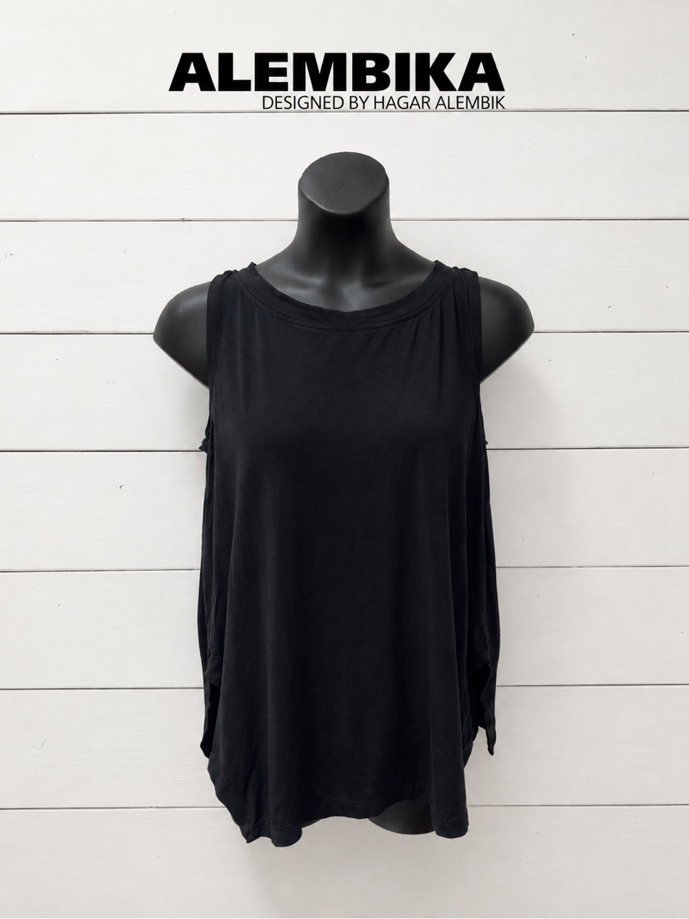 Alembika Black Draped Open-Shoulder Top – Size 5 / 14-16